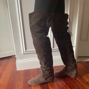 CHOLE Brown Suede Over-The-Knee Moto Boots Size 39